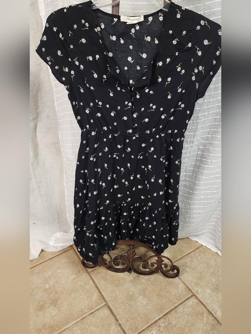 Passport Black Floral Mini Dress‎ with White & Green Daisy Print Fabric Covered
